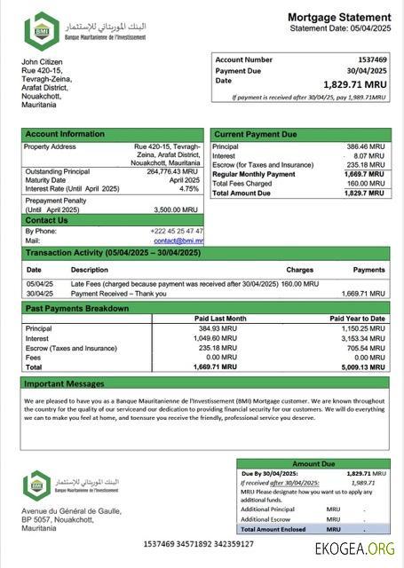 Mauritanie Modèle Word et PDF de relevé hypothécaire de la Banque Mauritanienne de l'Investissement (BMI)